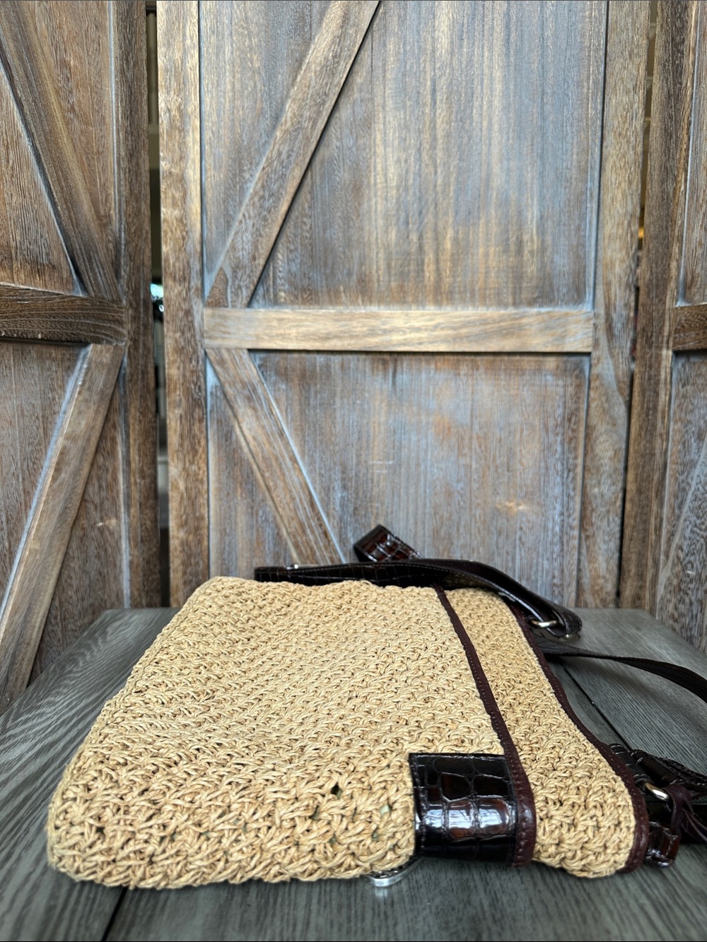 Brighton Woven Straw & Faux Crocodile Leather Crossbody Bag Purse - Picture 4 of 15
